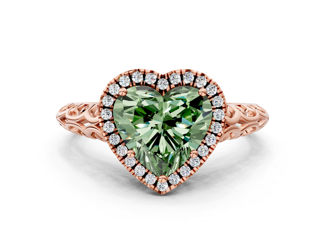 Rose gold Fancy Green Heart  Halo Diamond Engagement Ring with Intricate Filigree Band and Four-Prong Setting