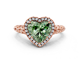 Rose gold Fancy Green Heart  Halo Diamond Engagement Ring with Intricate Filigree Band and Four-Prong Setting