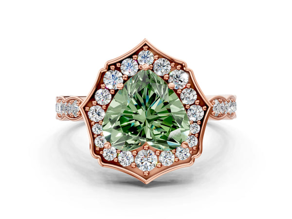 Rose gold Fancy Green Heart  Halo Diamond Engagement Ring with Milgrain Band and Four-Prong Setting