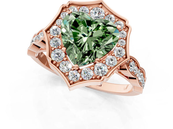 Rose gold Fancy Green Heart  Halo Diamond Engagement Ring with Milgrain Band and Four-Prong Setting