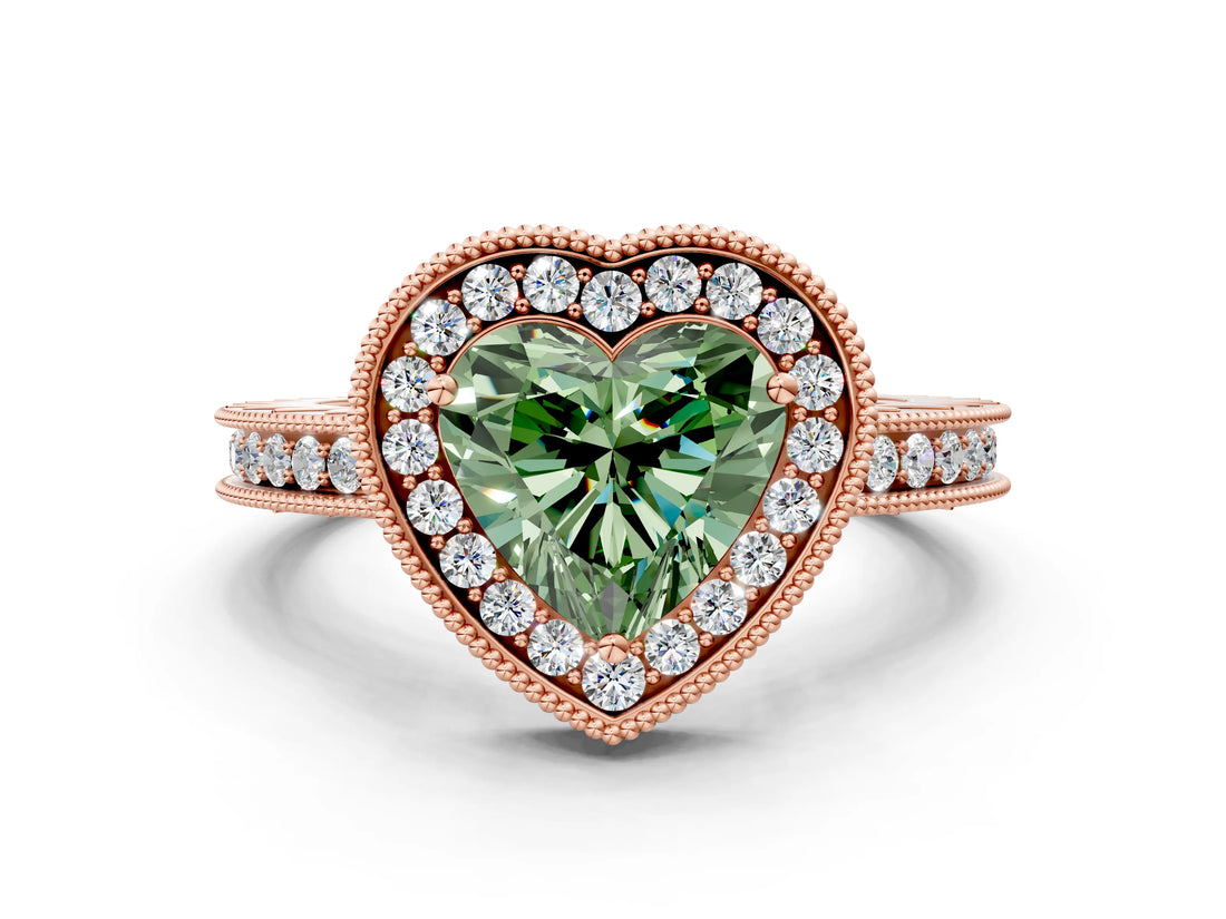 Rose gold Fancy Green Heart  Halo Diamond Engagement Ring with Milgrain Pave Band and Four-Prong Setting_51