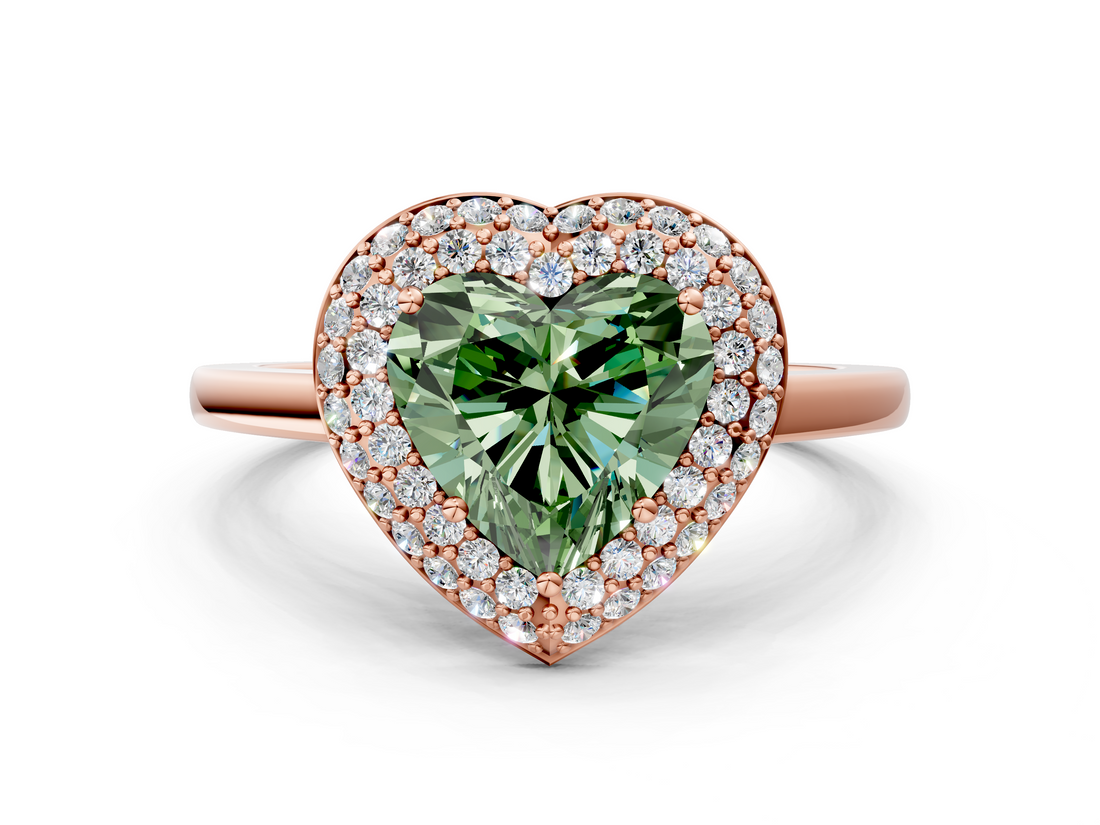 Rose gold Fancy Green Heart  Halo Diamond Engagement Ring with Solitaire Band and Four-Prong Setting