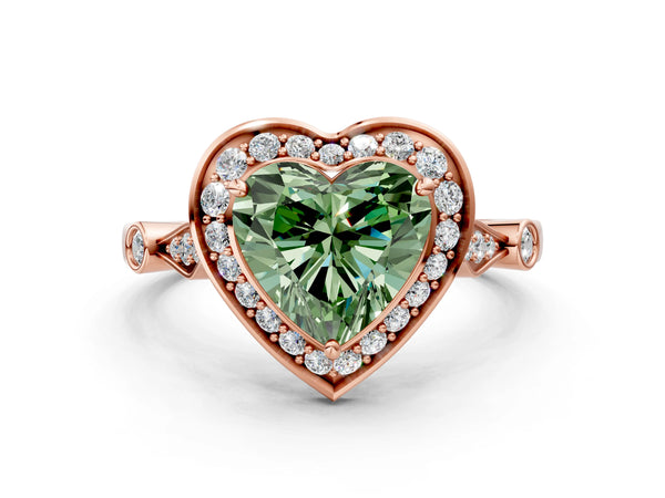 Rose gold Fancy Green Heart  Halo Diamond Engagement Ring with Twisted Band and Four-Prong Setting