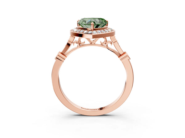 Rose gold Fancy Green Heart  Halo Diamond Engagement Ring with Twisted Band and Four-Prong Setting