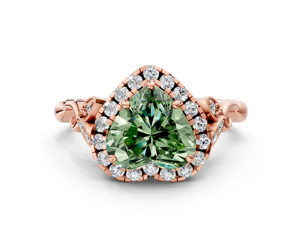 Rose gold Fancy Green Heart  Halo Diamond Engagement Ring with Vintage-Inspired Band and Four-Prong Setting