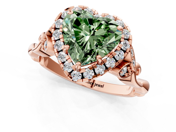 Rose gold Fancy Green Heart  Halo Diamond Engagement Ring with Vintage-Inspired Band and Four-Prong Setting