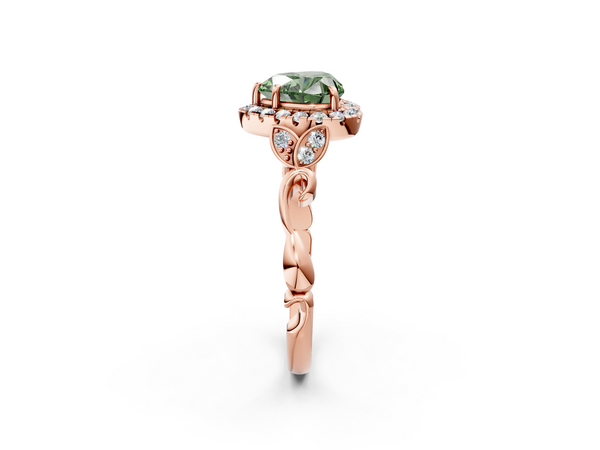 Rose gold Fancy Green Heart  Halo Diamond Engagement Ring with Vintage-Inspired Band and Four-Prong Setting