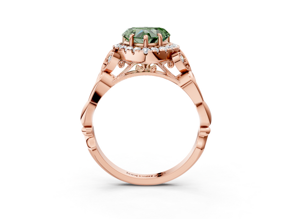 Rose gold Fancy Green Heart  Halo Diamond Engagement Ring with Vintage-Inspired Band and Four-Prong Setting