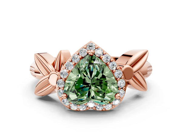 Rose gold Fancy Green Heart  Halo Diamond Floral Band with Four-Prong Setting