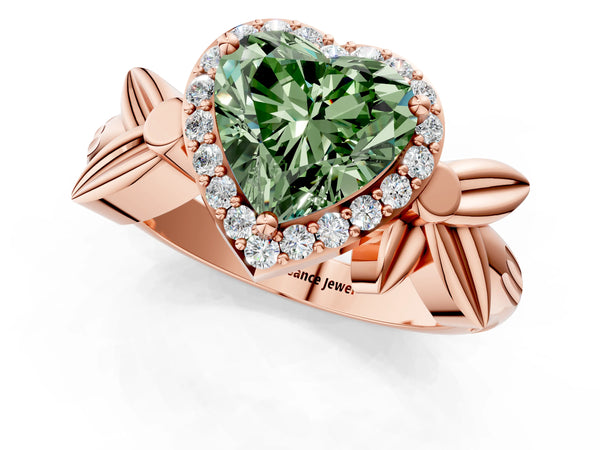 Rose gold Fancy Green Heart  Halo Diamond Floral Band with Four-Prong Setting