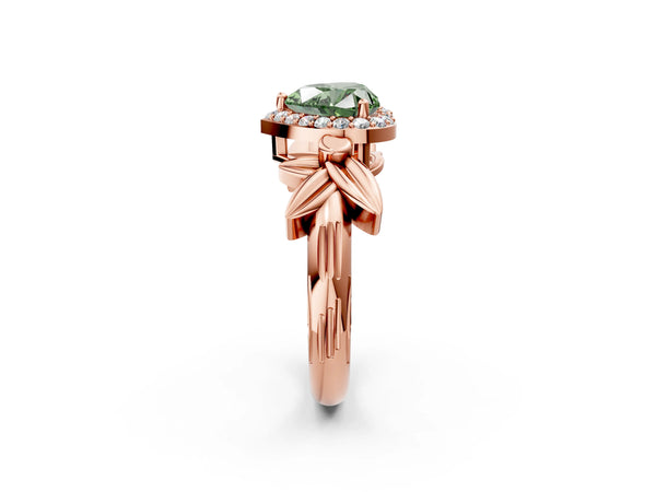 Rose gold Fancy Green Heart  Halo Diamond Floral Band with Four-Prong Setting