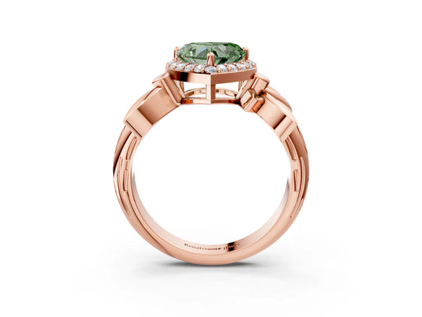 Rose gold Fancy Green Heart  Halo Diamond Floral Band with Four-Prong Setting