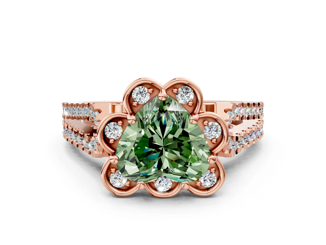 Rose gold Fancy Green Heart  Halo Diamond Floral Split Shank Engagement Ring 1