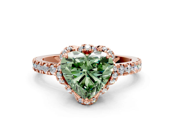 Rose gold Fancy Green Heart  Halo Diamond Pave Band Ring with Four-Prong Setting
