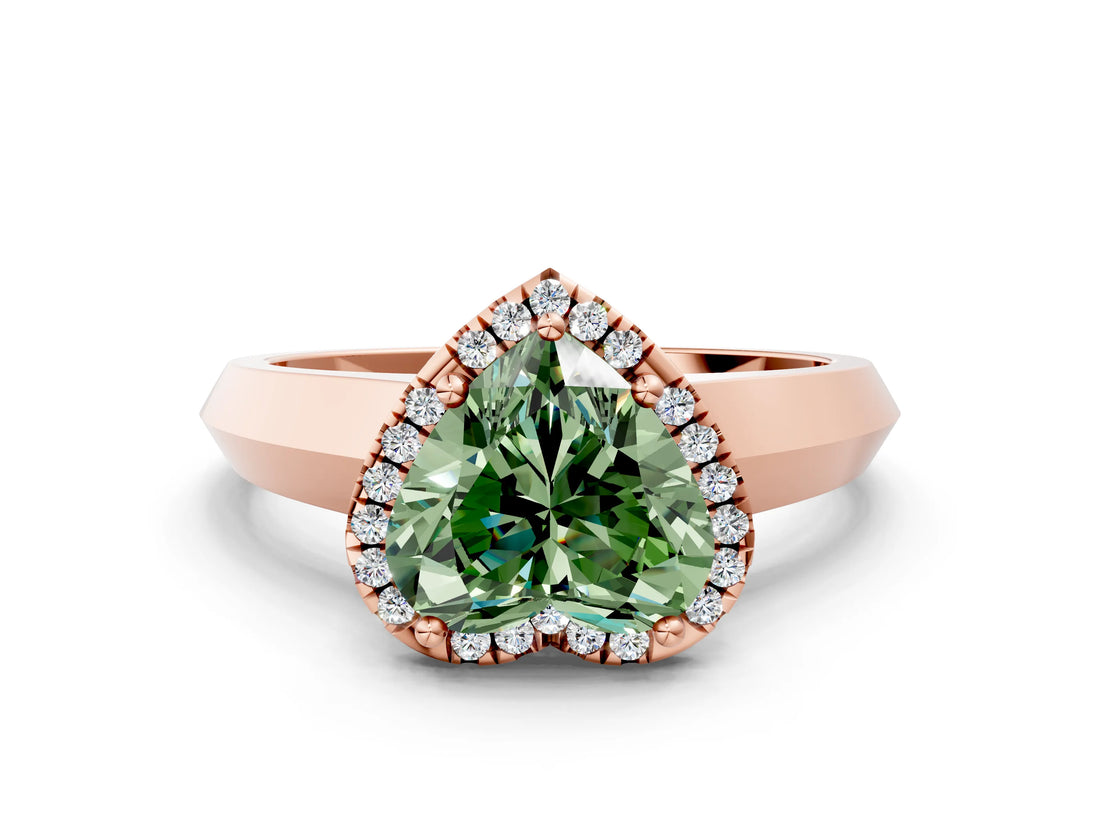 Rose gold Fancy Green Heart  Halo Diamond Ring with Cathedral Band and Four-Prong Setting_29