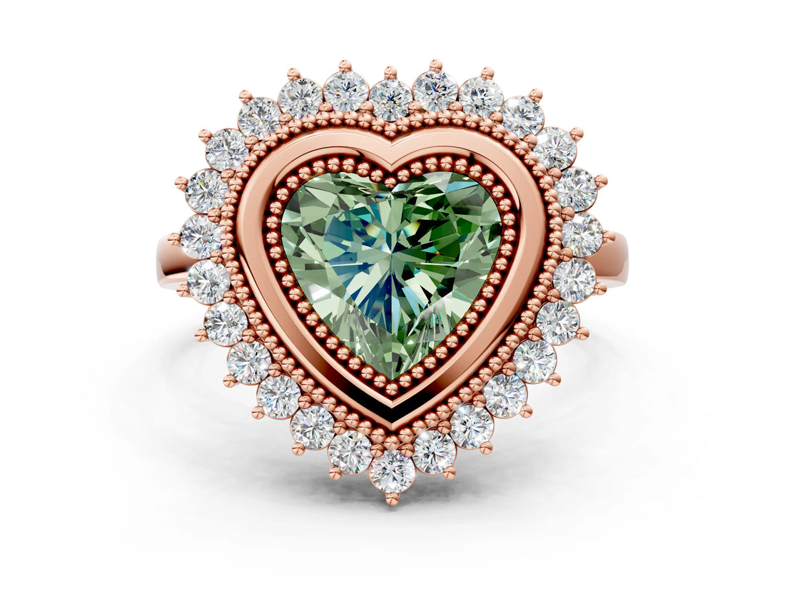 Rose gold Fancy Green Heart  Halo Diamond Ring with Milgrain Edge and Round Prong Setting_23