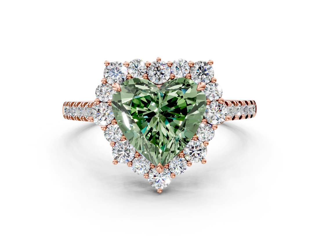 Rose gold Fancy Green Heart  Halo Diamond Ring with Pavé Band and Prong Setting