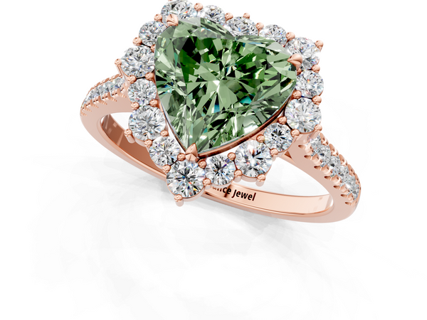 Rose gold Fancy Green Heart  Halo Diamond Ring with Pavé Band and Prong Setting