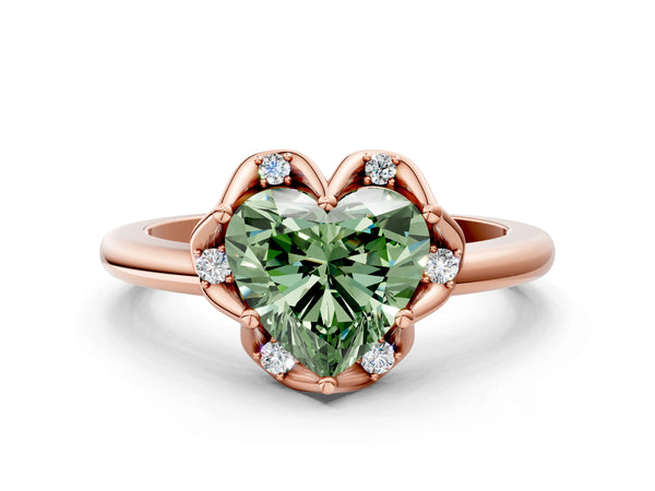 Rose gold Fancy Green Heart  Halo Diamond Ring with Round Cluster Setting, Solitaire Band, and Four-Prong Setting