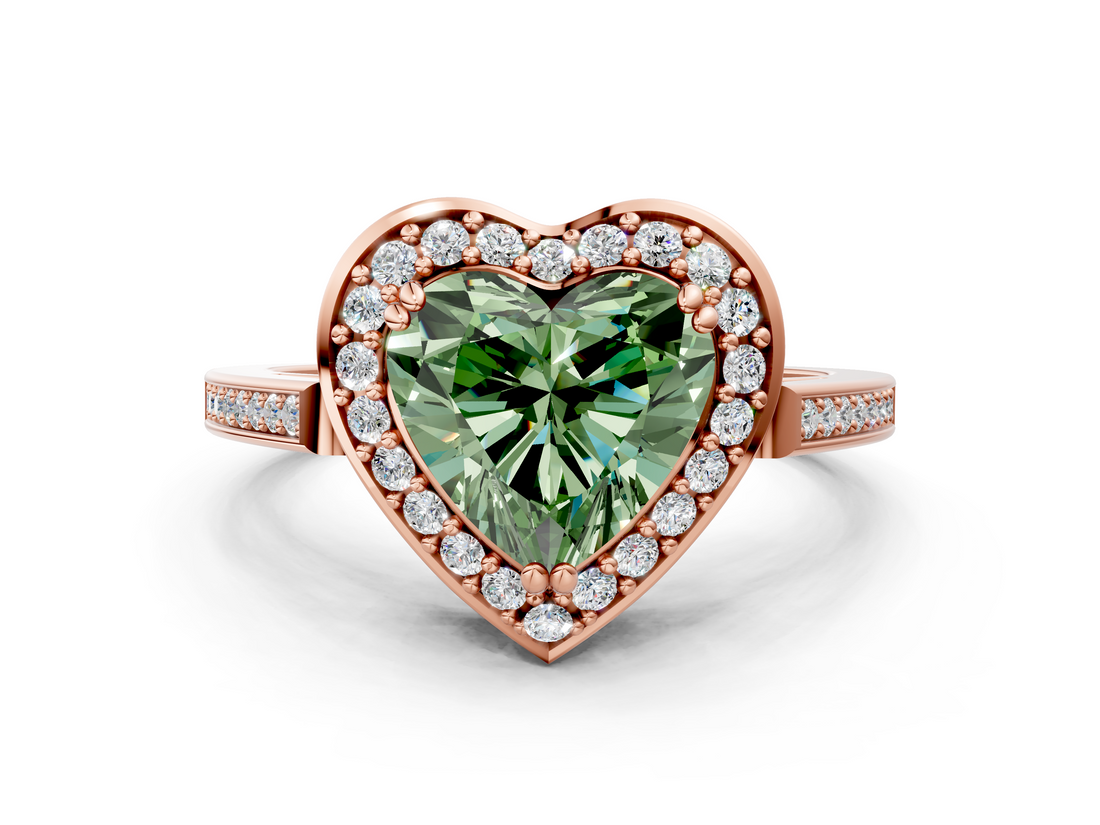 Rose gold Fancy Green Heart  Halo Diamond Ring with Split Shank and Four-Prong Setting