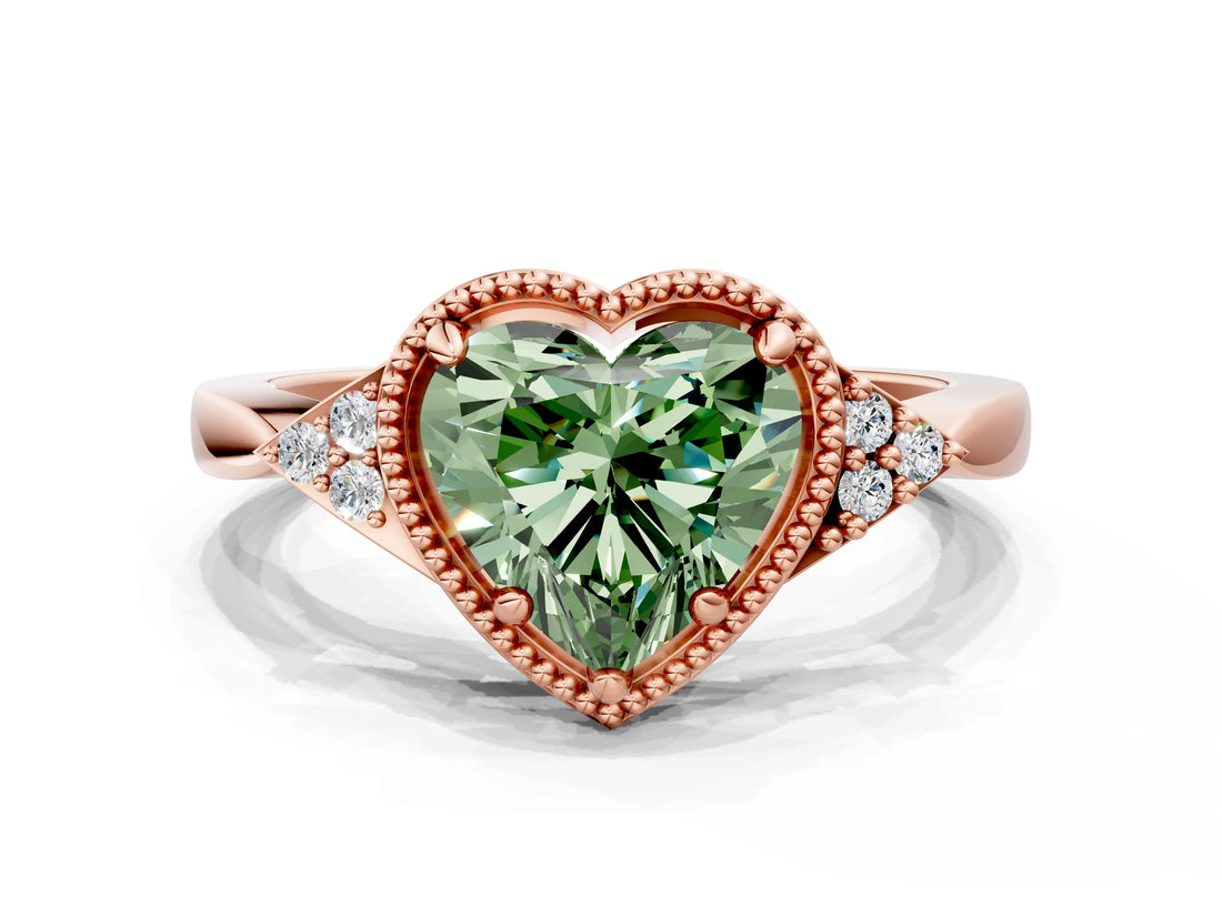 Rose gold Fancy Green Heart  Halo Diamond Ring with Tapered Band and Four-Prong Setting_3