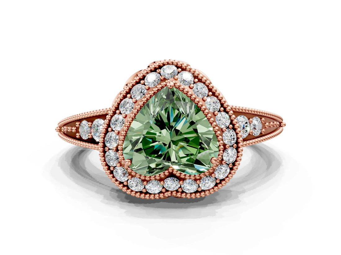 Rose gold Fancy Green Heart  Halo Diamond Split Shank Ring with Milgrain Detail_29