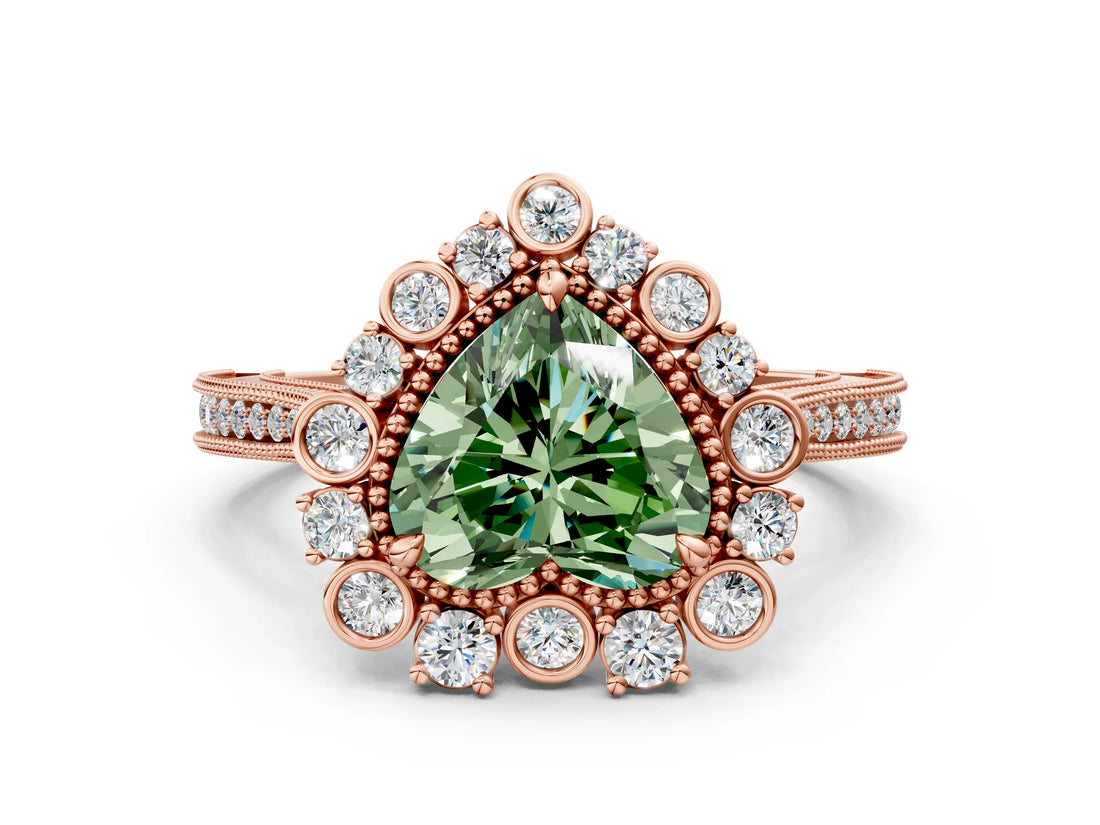 Rose gold Fancy Green Heart  Halo Milgrain Pave Diamond Ring with Four-Prong Setting 2