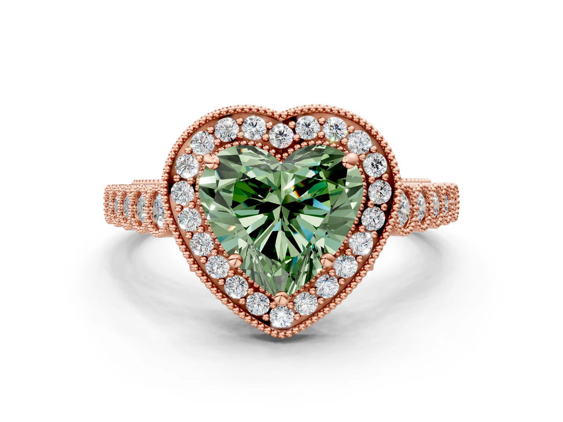 Rose gold Fancy Green Heart  Halo Milgrain Solitaire with Bezel Set Side Stones and Pave Band_33