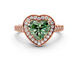 Rose gold Fancy Green Heart  Halo Milgrain Solitaire with Bezel Set Side Stones and Pave Band_33