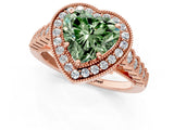 Rose gold Fancy Green Heart  Halo Milgrain Solitaire with Bezel Set Side Stones and Pave Band_34