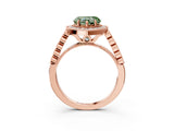 Rose gold Fancy Green Heart  Halo Milgrain Solitaire with Bezel Set Side Stones and Pave Band_36