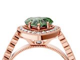 Rose gold Fancy Green Heart  Halo Milgrain Solitaire with Bezel Set Side Stones and Pave Band_37