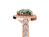 Rose gold Fancy Green Heart  Halo Milgrain Solitaire with Bezel Set Side Stones and Pave Band_38