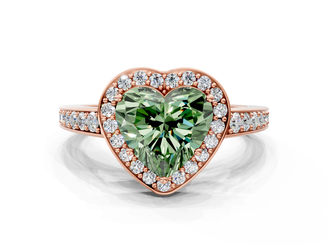 Rose gold Fancy Green Heart  Halo Pavé Diamond Engagement Ring with Bezel Setting
