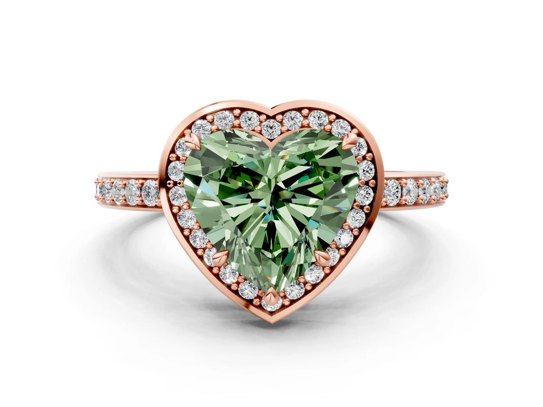 Rose gold Fancy Green Heart  Halo Pave Band Solitaire Ring with Prong Setting_29