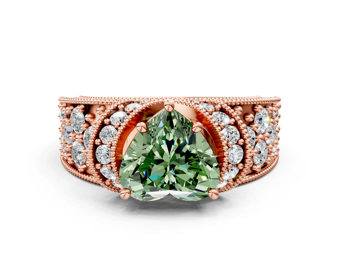 Rose gold Fancy Green Heart  Halo Pave Diamond Engagement Ring with Milgrain Detailing_34