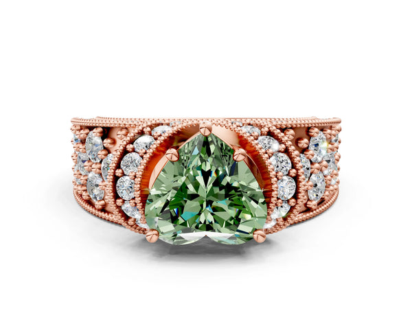 Rose gold Fancy Green Heart  Halo Pave Diamond Engagement Ring with Milgrain Detailing