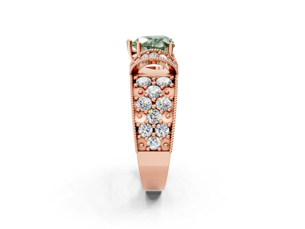 Rose gold Fancy Green Heart  Halo Pave Diamond Engagement Ring with Milgrain Detailing