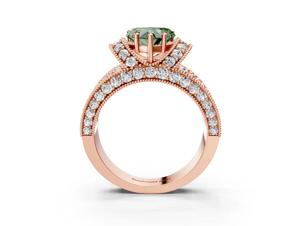 Rose gold Fancy Green Heart  Halo Pave Diamond Engagement Ring with Milgrain Detailing