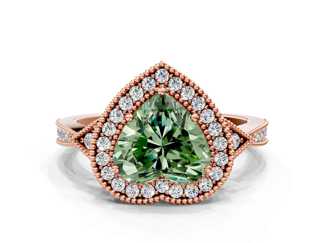 Rose gold Fancy Green Heart  Halo Round Diamond Milgrain Pave Engagement Ring_3