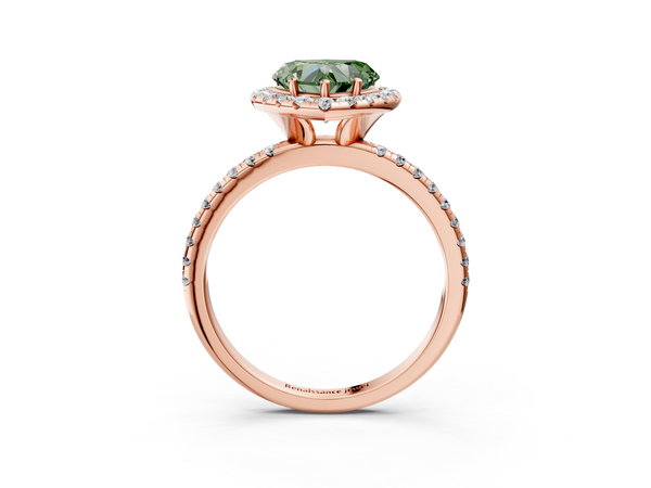 Rose gold Fancy Green Heart  Halo Round Diamond Pavé Band Four-Prong Ring