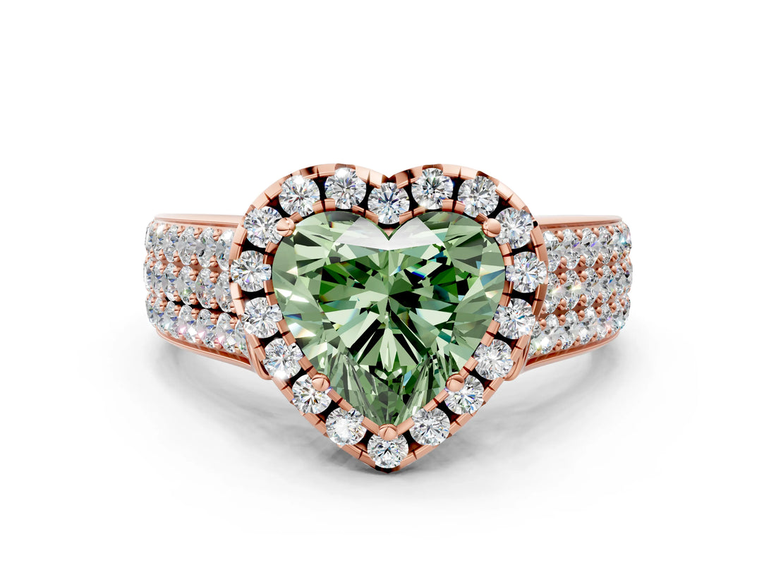 Rose gold Fancy Green Heart  Halo Round Diamond Pave Band with Prong Setting