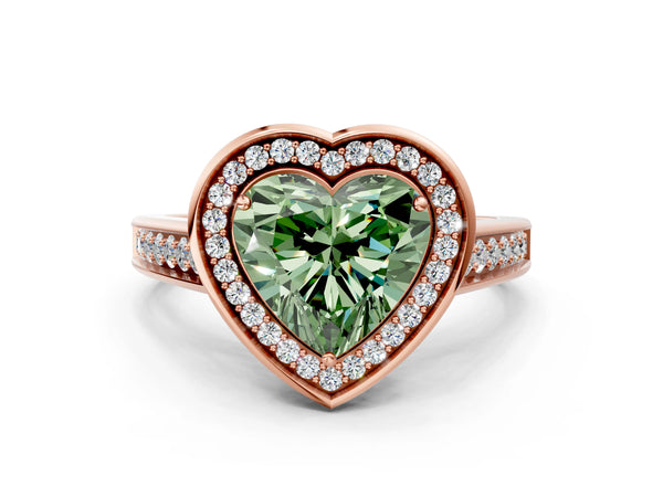 Rose gold Fancy Green Heart  Halo Solitaire Diamond Ring with Pave Band and Bezel Setting