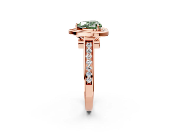 Rose gold Fancy Green Heart  Halo Solitaire Diamond Ring with Pave Band and Bezel Setting