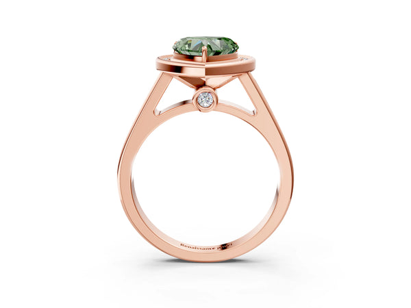 Rose gold Fancy Green Heart  Halo Solitaire Diamond Ring with Pave Band and Bezel Setting
