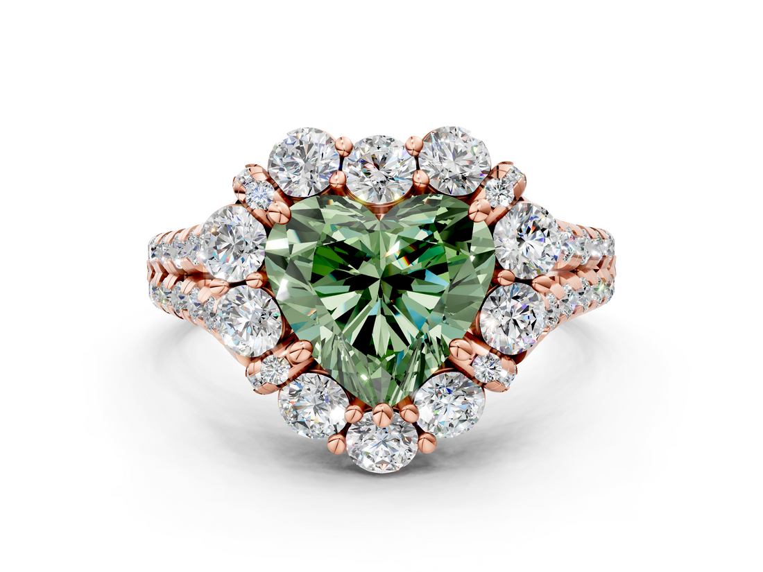 Rose gold Fancy Green Heart  Halo Split Shank Diamond Engagement Ring with Pave Band and Four-Prong Setting