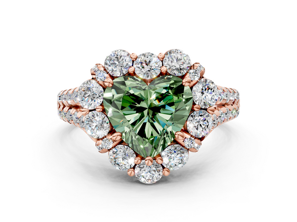 Rose gold Fancy Green Heart  Halo Split Shank Diamond Engagement Ring with Pave Band and Four-Prong Setting