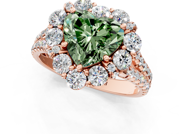 Rose gold Fancy Green Heart  Halo Split Shank Diamond Engagement Ring with Pave Band and Four-Prong Setting