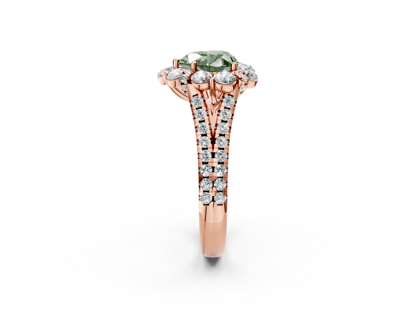 Rose gold Fancy Green Heart  Halo Split Shank Diamond Engagement Ring with Pave Band and Four-Prong Setting