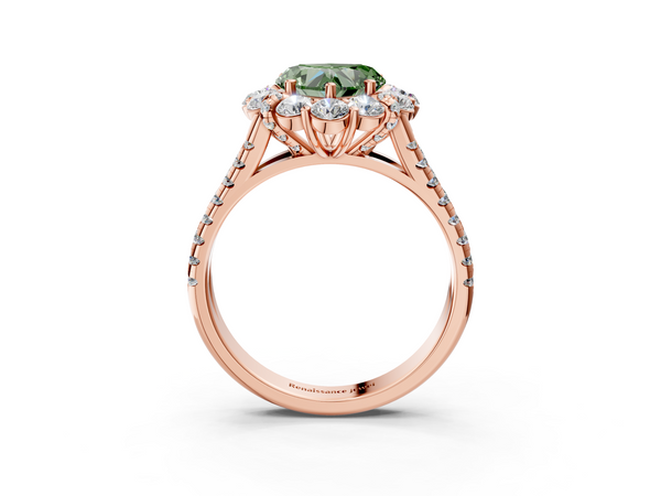 Rose gold Fancy Green Heart  Halo Split Shank Diamond Engagement Ring with Pave Band and Four-Prong Setting
